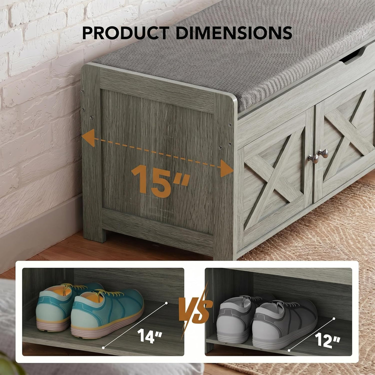 Marsail Shoe Storage Bench with Seating, Farmhouse Entryway Bench with Shoe Storage and Cushion, Under Window Benches Wooden Ottoman for Bedroom, Entry Way, Living Room, Grey