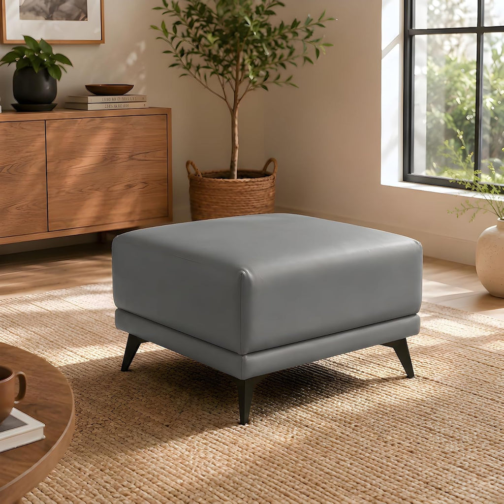 Naomi Home Dora 29.5" Square Ottoman | Synthetic Leather Footstool, Couch Footrest & Extra Seating for Living Room, Gray