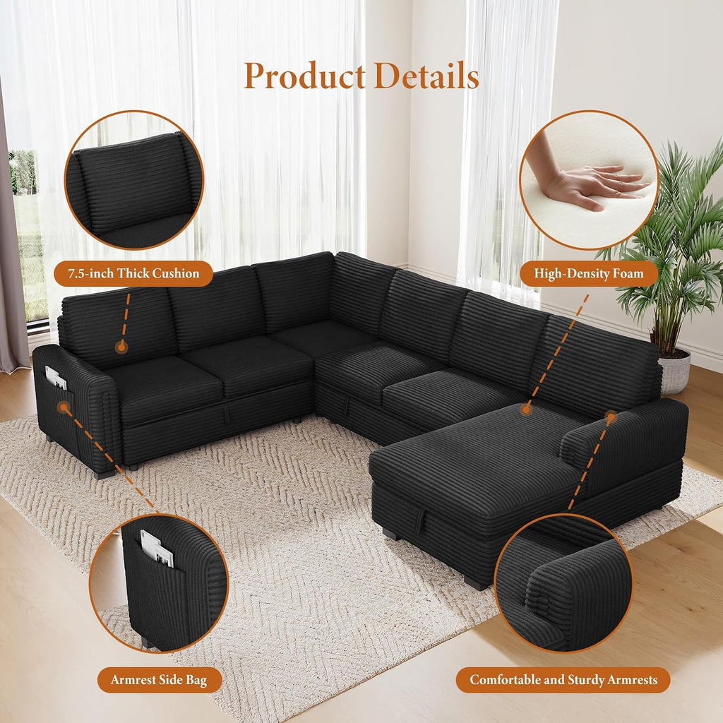 Vesgantti 113.6" Modular Sectional Sofa with Pull Out Bed, 7 Seater, Black
