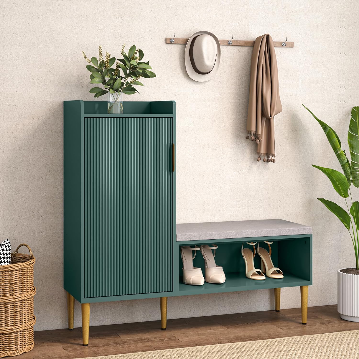 Storage Bench with Fluted Door&Shelf, Modern Entryway Bench with Padded Seat, L-Shaped Shoe Organizer Cabinet for Hallway, Living Room, Office, Green