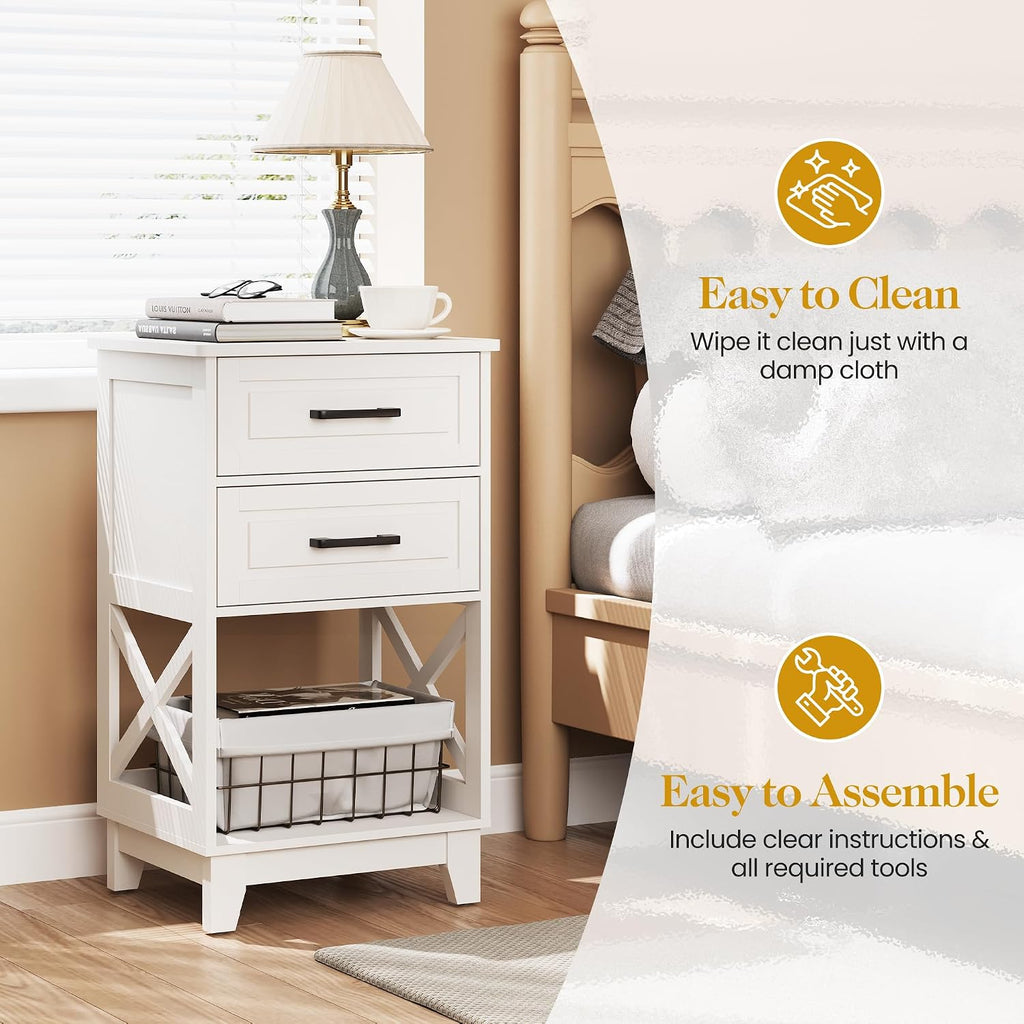 May in Color Nightstand with 2 Drawers, 30" Tall Beside Table for Bedroom | Farmhouse Wooden side Table with Solid Feet and Open Shelf, Modern Painted End Table for Living Room, Home Office, White