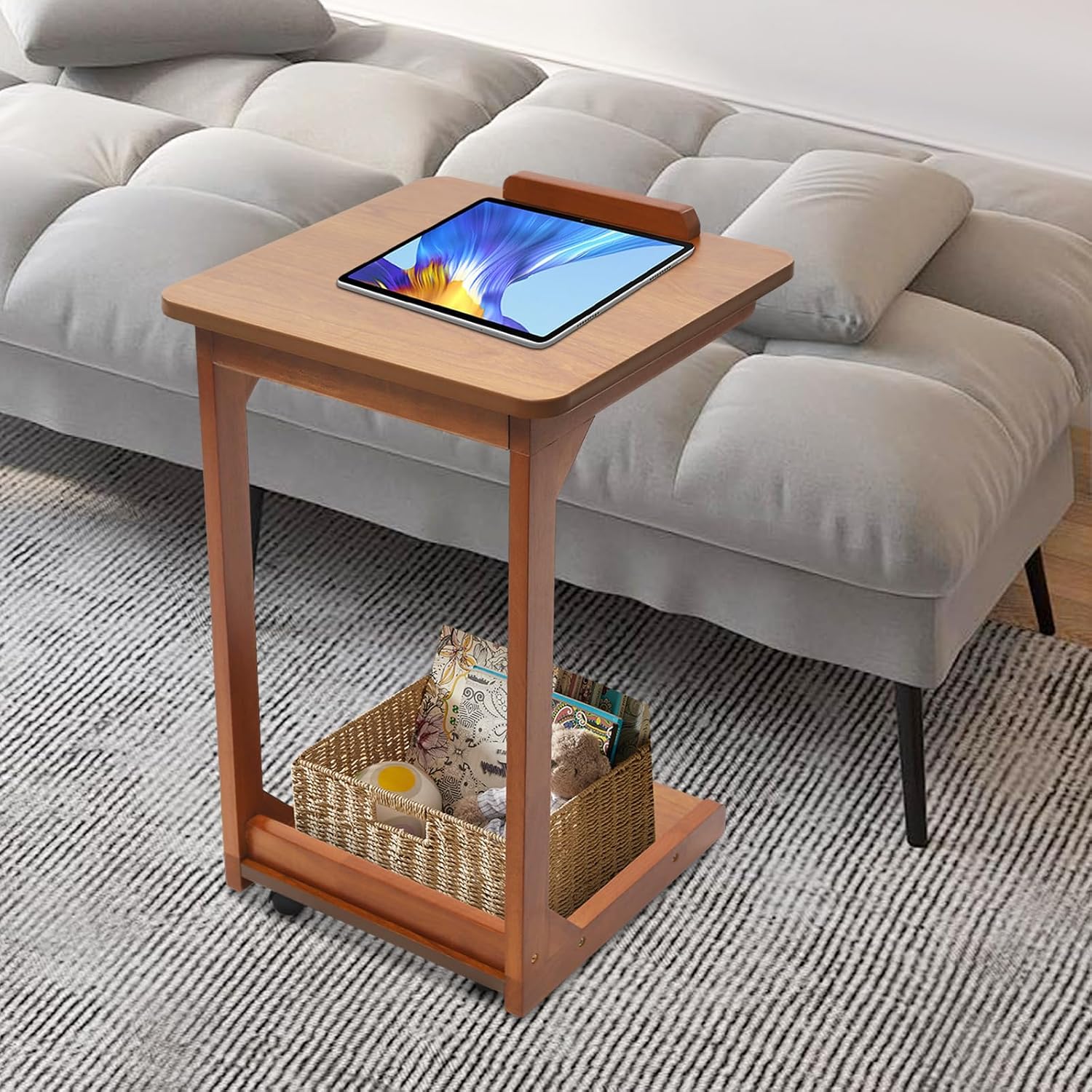 Side Table with Wheels, C Shaped Table for Sofa Bedside, 15.7"x15.7"x24.8“, End Tables Adjustable Desktop (0-40°) for Living Room,Bedroom (Walnut)