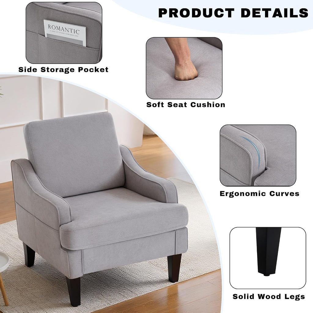 Mid-Century Accent Chair, Comfy Arm Chair Upholstered Living Room Chair for Bedroom, Fabric Reading Chair with Wood Legs for Apartment, Waiting Room, Vanity Room (Gray)