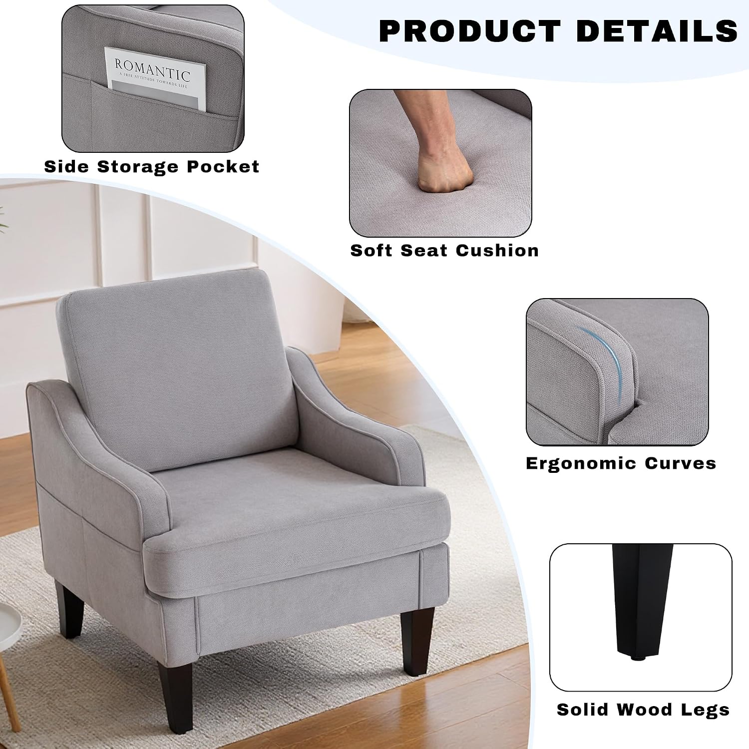 Mid-Century Accent Chair, Comfy Arm Chair Upholstered Living Room Chair for Bedroom, Fabric Reading Chair with Wood Legs for Apartment, Waiting Room, Vanity Room (Gray)