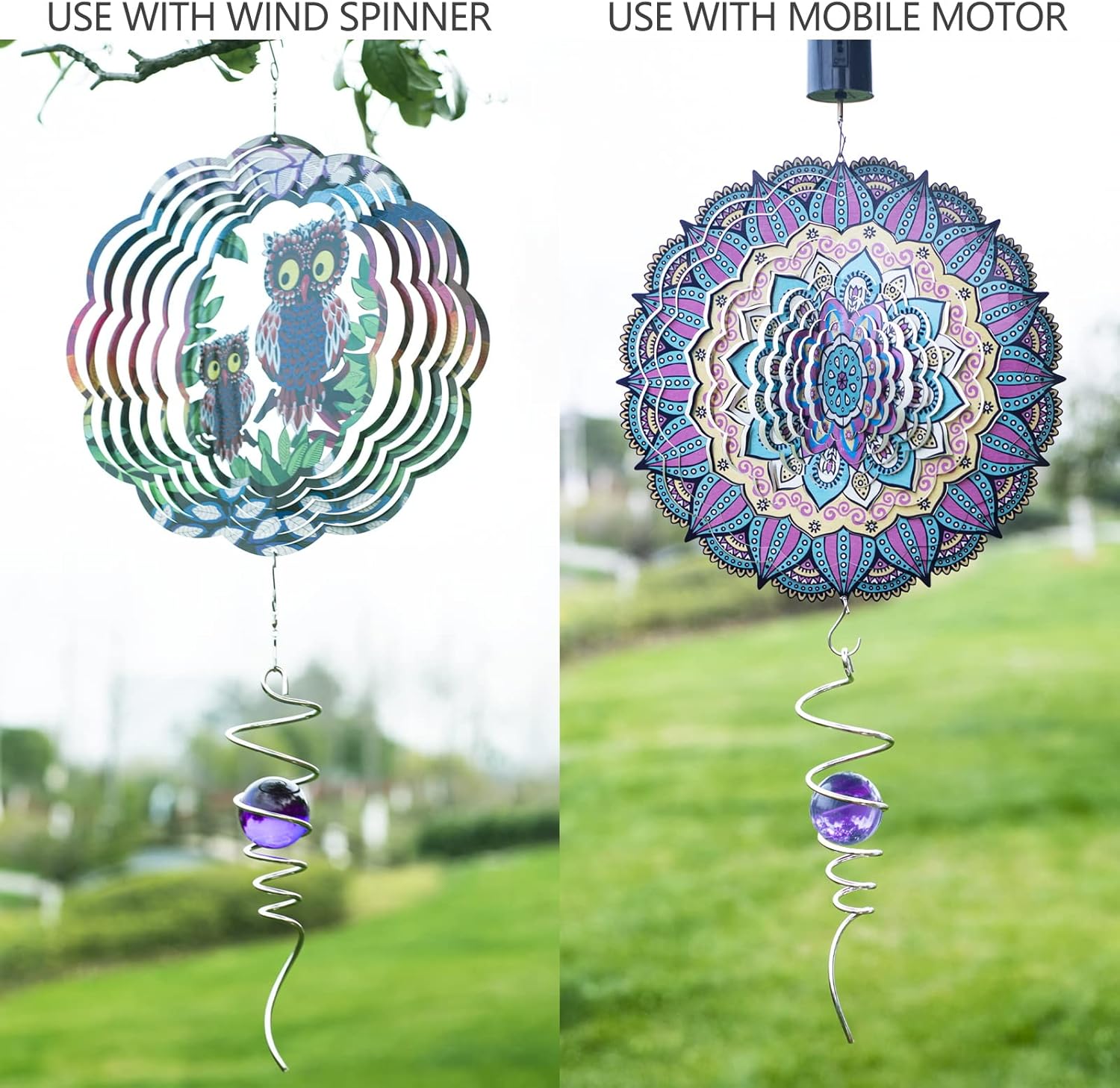 Gazing Ball Spiral Tail Wind Spinner Stabilizer, Garden Decorations Stainless Steel Metal with Hook & Purple Crystal Glass Orb Outdoor Hanging Decor Kinetic Yard 3D Swivel Art Sun Catchers