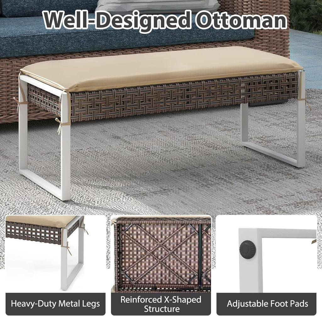 RELAX4LIFE Wicker Outdoor Ottoman Footstool - Rattan Patio Foot Rest for 2 w/Soft Cushion & Metal Frame, Multipurpose Coffee Table, 43’’ Seating Bench, Foot Stool for Garden Porch Backyard (1)