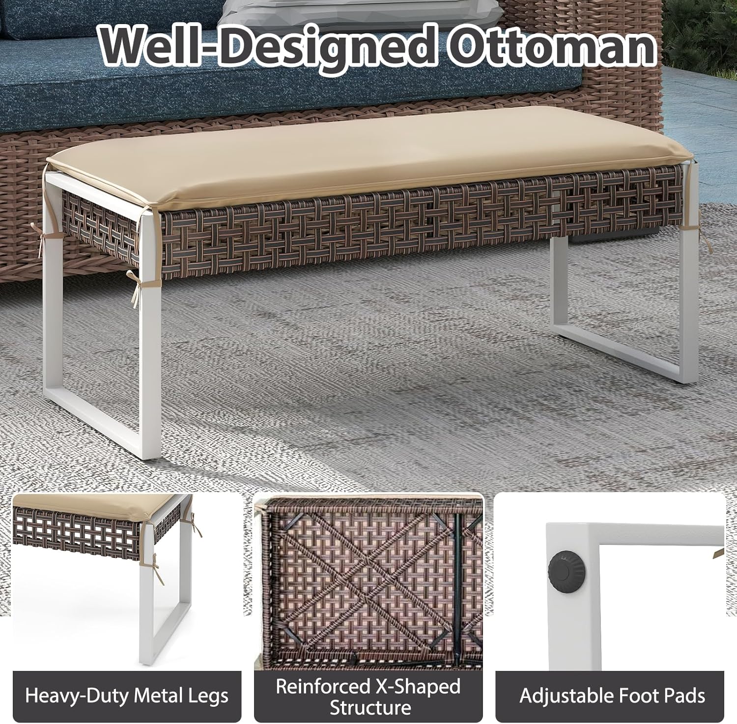 RELAX4LIFE Wicker Outdoor Ottoman Footstool - Rattan Patio Foot Rest for 2 w/Soft Cushion & Metal Frame, Multipurpose Coffee Table, 43’’ Seating Bench, Foot Stool for Garden Porch Backyard (1)