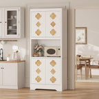 IDEALHOUSE Mid Century Modern Kitchen Pantry Cabinet, 72" Tall Storage Cabinet with Microwave Shelf, Wooden Freestand Cupboard with Carved Flower Door & Crystal Handle, for Dining Room