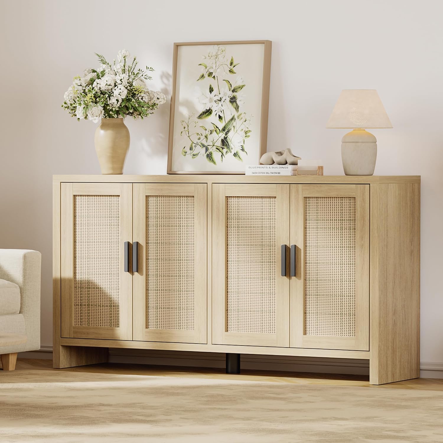 Mericonia Rattan Buffet Cabinet with Storage, Sideboard with Doors, Console Table, Farmhouse Coffee Bar, Modern Wood Long Cabinets (Oak)