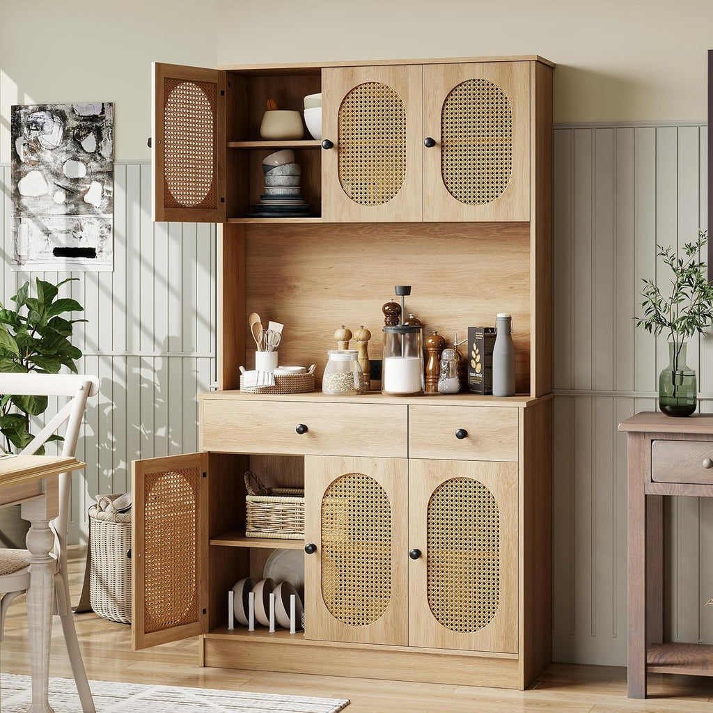GOFLAME Kitchen Pantry Cabinet with Charging Station, 71" Tall Freestanding Kitchen Buffet with Hutch, Drawers and PE Rattan Doors, Boho Sideboard Buffet Cabinet, Natural