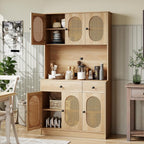 GOFLAME Kitchen Pantry Cabinet with Charging Station, 71" Tall Freestanding Kitchen Buffet with Hutch, Drawers and PE Rattan Doors, Boho Sideboard Buffet Cabinet, Natural