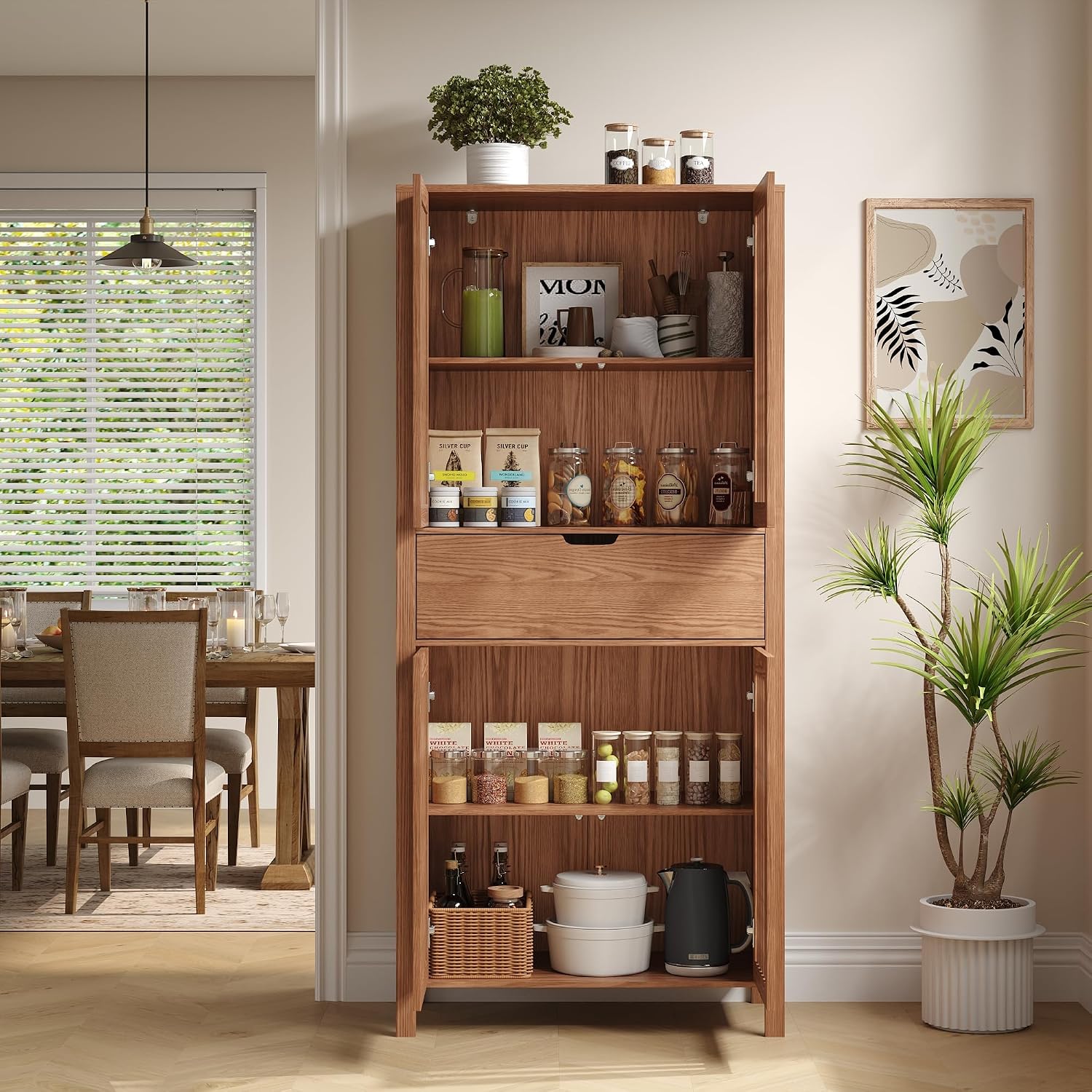 BVIUNTWO Farmhouse Wooden Kitchen Pantry Storage Cabinet, Tall Storage Cupboard with Slatted Doors & Drawer, 68.8" Freestanding Cabinet for Kitchen, Dining Room, Living Room, Brown