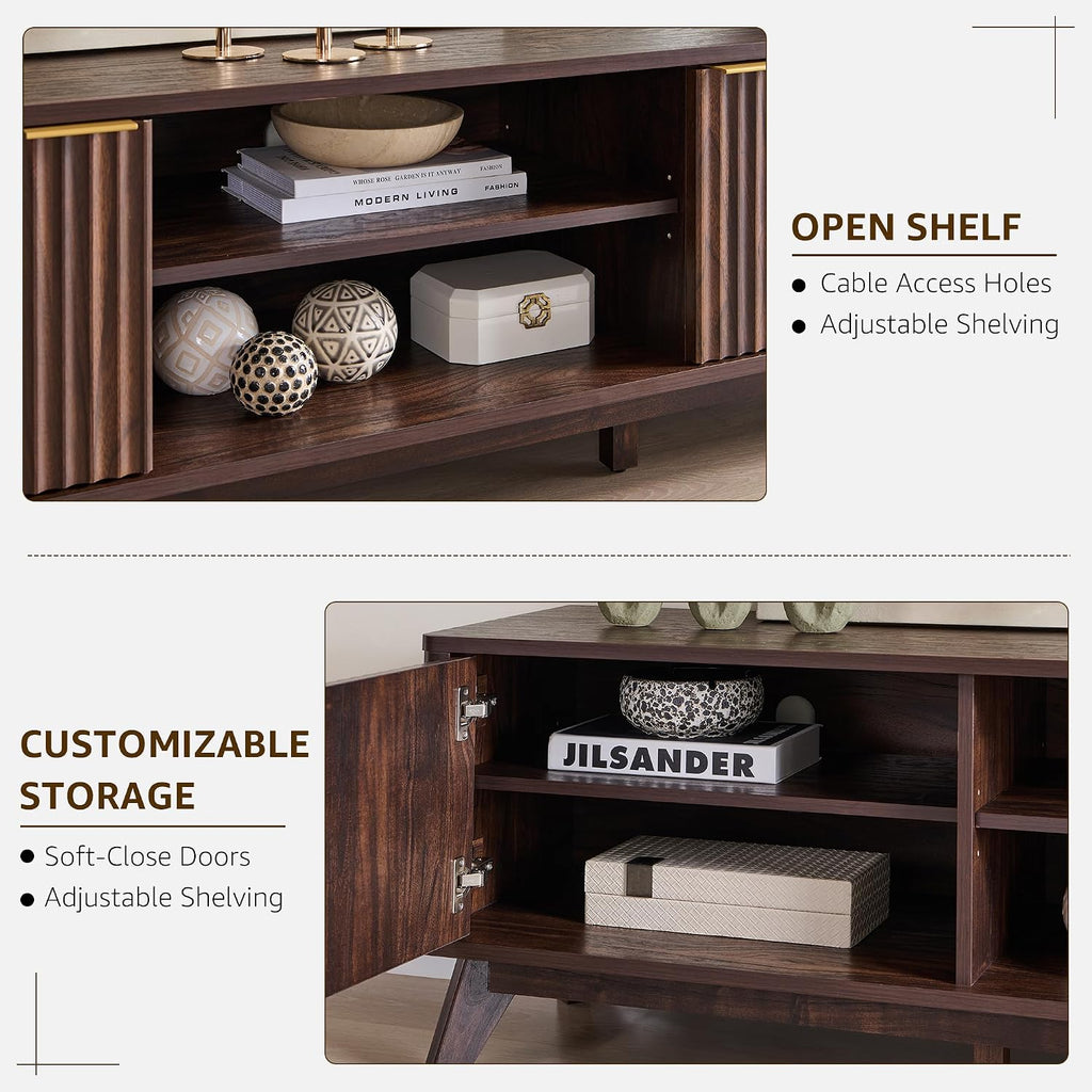 OKD 70" Mid Century Modern Fluted TV Stand w/ 2 Soft Close Door,Dark Walnut | Entertainment Center, Sideboard, Media console for Living Room with Adjustable Shelves