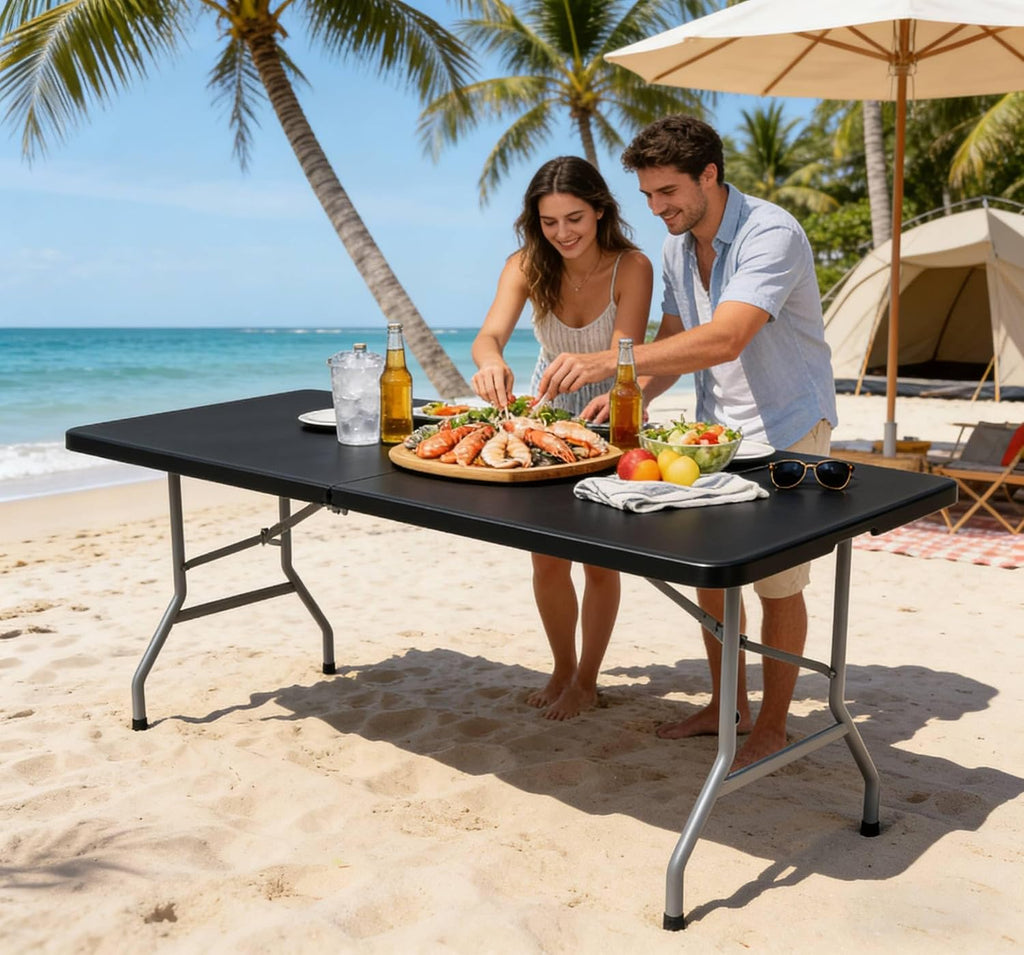 8Ft Folding Table Plastic Portable with Built in Handle & Steel Legs Black | 500LBS Capacity Portable Handle and Non-Slip Feet Indoor Outdoor Perfect for Parties, Dining, Weddings, Camping and BBQ
