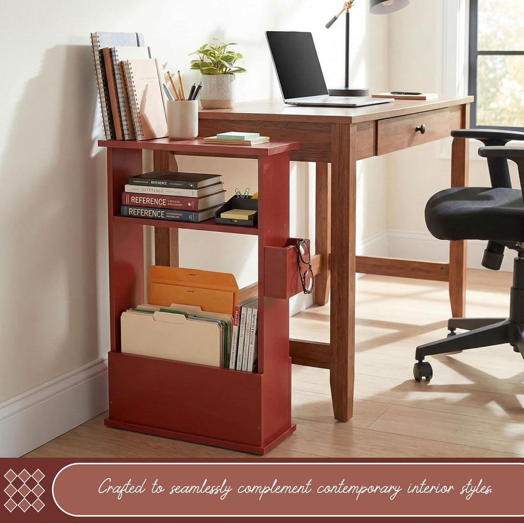 Kings Brand Furniture Narrow Side Table with Storage Shelf, Slim End Table with Magazine & Remote Holder, Small Space Bedside Table for Living Room or Bedroom, Red