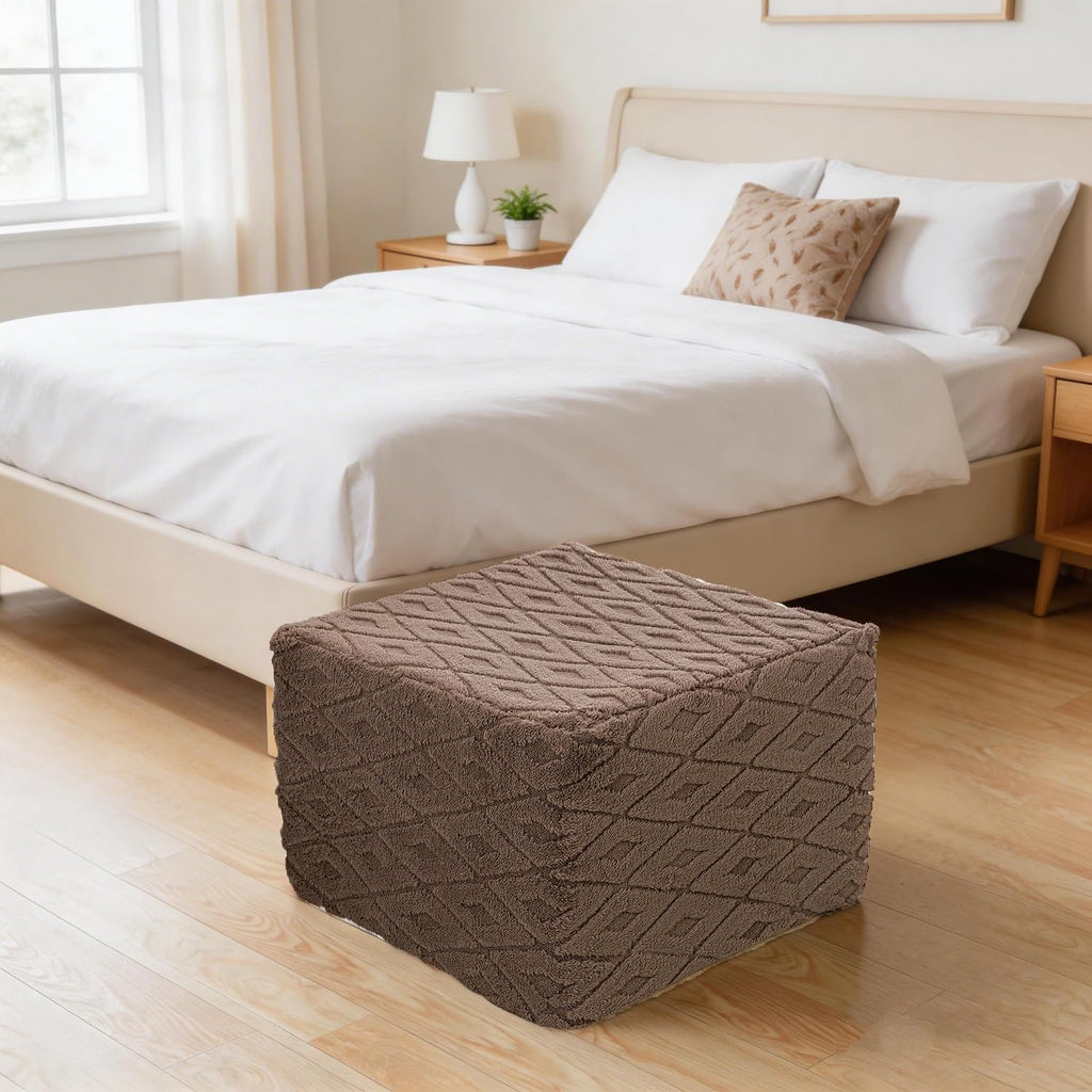 Fluffy Square Ottoman Pouf with All-in-One Foam Filling 20 x 14 Inches Furry Ottoman Foot Rest Foot Stool for Living Room or Bedroom (Coffee)