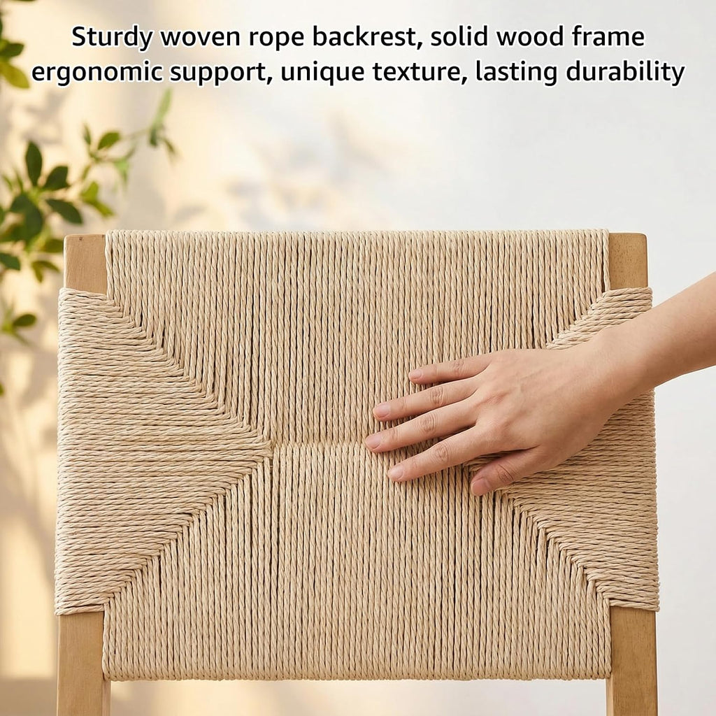 Dining Chairs Set of 4, Modern Farmhouse Dining Room Chairs with Rope Woven Square Back, Linen Upholstered Seat & Solid Wood Frame, Sillas de Comedor, Boho Kitchen & Dining Room Chairs (Beige, 4Pcs)