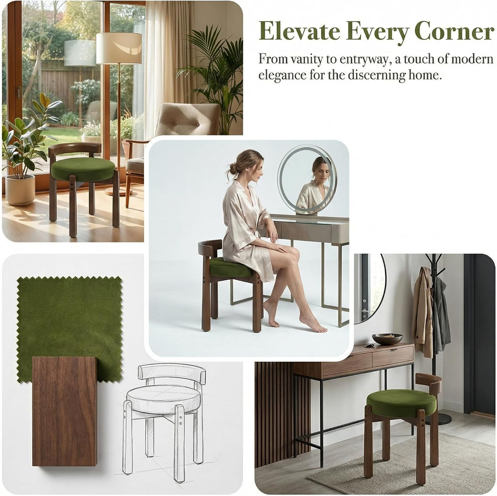 DUOMAY Velvet Vanity Stool with Low Back, Upholstered Round Makeup Stool, Cute Solid Wood Legs Footrest Ottoman for Bedroom, Dressing Table, Living Room (Green)