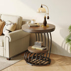 LITTLE TREE Round Side Table, Wood End Table with 2-Tier Storage Shelf, Accent Coffee Table, Curved Metal Frame End Table for Small Spaces, Living Room, Bedroom, Light Brown + Black