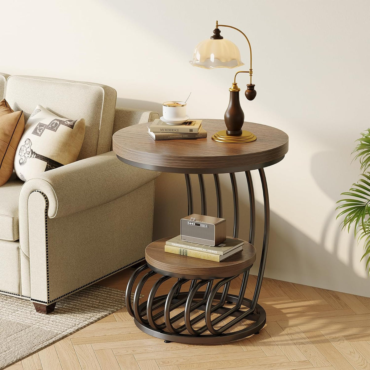 LITTLE TREE Round Side Table, Wood End Table with 2-Tier Storage Shelf, Accent Coffee Table, Curved Metal Frame End Table for Small Spaces, Living Room, Bedroom, Light Brown + Black