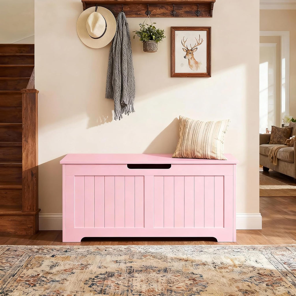 SUPER DEAL Storage Chest, 39 inches Chest Box Organizer with 2 Safety Hinges, Wooden Entryway Shoe Organizer Storage Bench, Pink