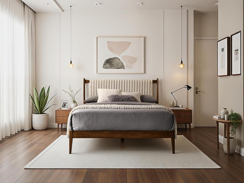 Ella Wooden Platform Bed | Box Spring Not Required | Walnut and Beige, Queen