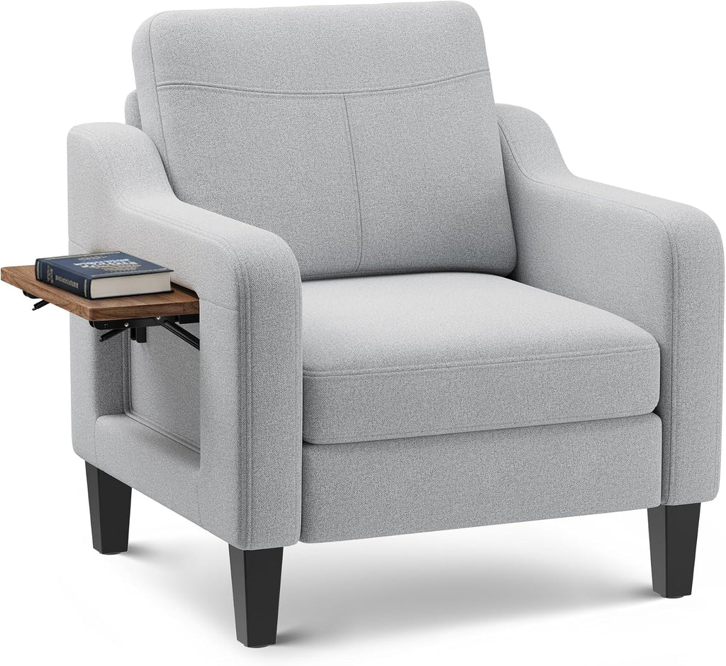 Upholstered Accent Chair with Foldable Side Table for Living Room | 2 Side Pockets, Modern Linen Armchair Wooden Fabric Chairs for Living Room, Comfy Reading for Bedroom/Office