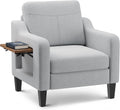 Upholstered Accent Chair with Foldable Side Table for Living Room | 2 Side Pockets, Modern Linen Armchair Wooden Fabric Chairs for Living Room, Comfy Reading for Bedroom/Office