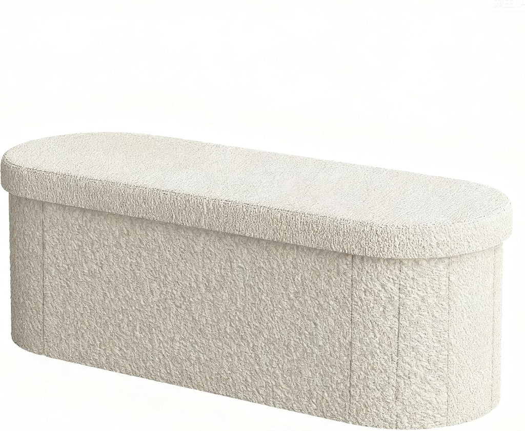 GLAXYFUR Oval Ottoman with Storage for Living Room, Sherpa Bench, Beige | 43.3 Inches Folding Chest, Foot Rest, End of Bed Bench for Bedroom, Hallway