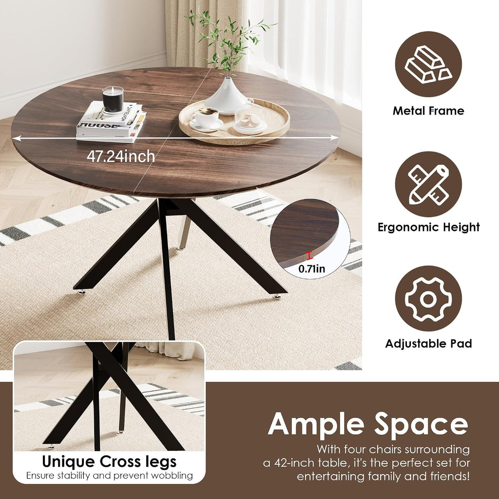 5 Piece Circle Dining Table Set for 6, 47 Inch Wood Dining Table & Black Velvet Upholstered Chairs with Sturdy Black Metal Legs, Round Kitchen Table Set for Kitchen Dining Room, Living Room