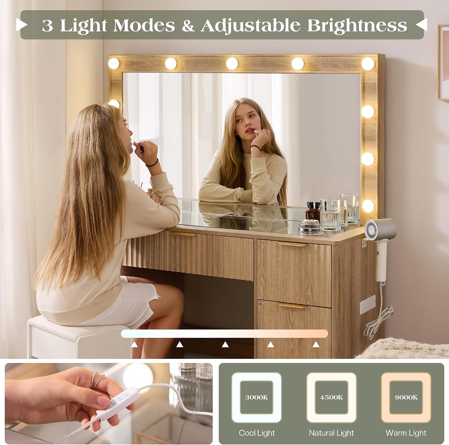 LUXOAK 47" Makeup Vanity Desk with Large Mirror & LED Lights, Oak | Fluted Vanity with 7 Drawers, Glass Top & Charging Station, Dressing Table for Bedroom, Women & Girls