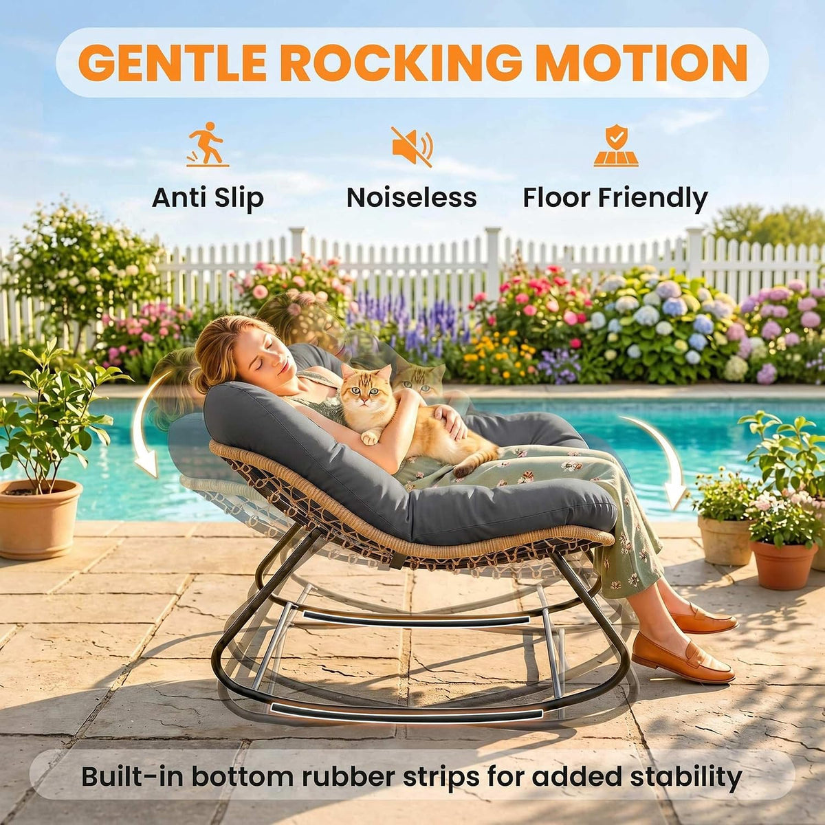 Outsunny Papasan Rocking Chair, Wicker Oversized Indoor Outdoor Rocking Papasan Chair with Cushion, PE Rattan Outdoor Rocker Egg Chairs for Living Room, Garden, Patio, Balcony, Dark Gray