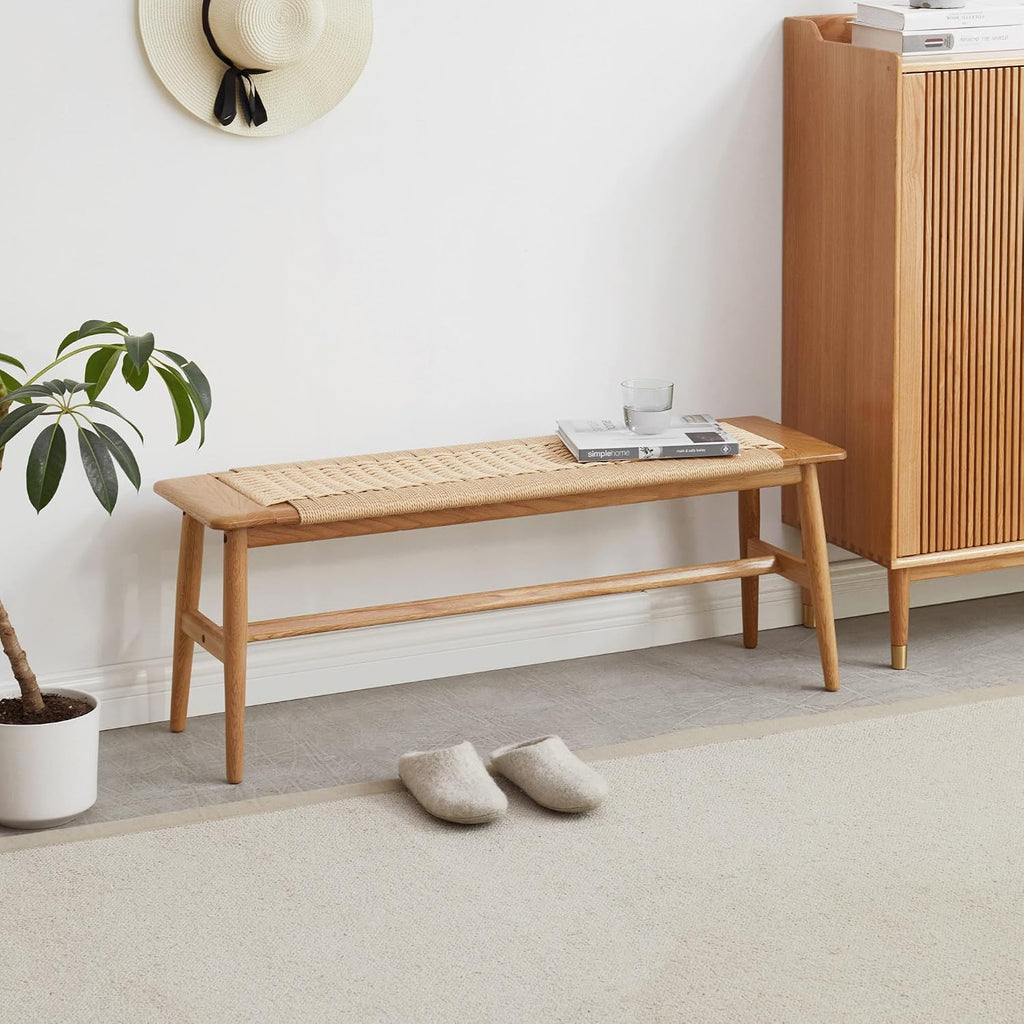 47.24" Natural Oak Wood Dining Bench with Woven Cane Seat Solid Wood Entryway Bench for Dining Room Bedroom Living Room, Natural