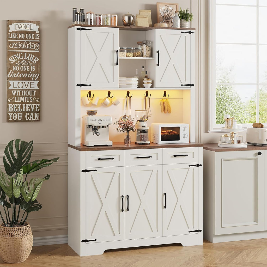 70.9" Tall Kitchen Pantry Cabinet with LED Light & Charging Station, Farmhouse Kitchen Hutch with Large Countertop & 10 Hooks, Kitchen Cabinet Storage with Drawers for Living Room, Dining Room, White