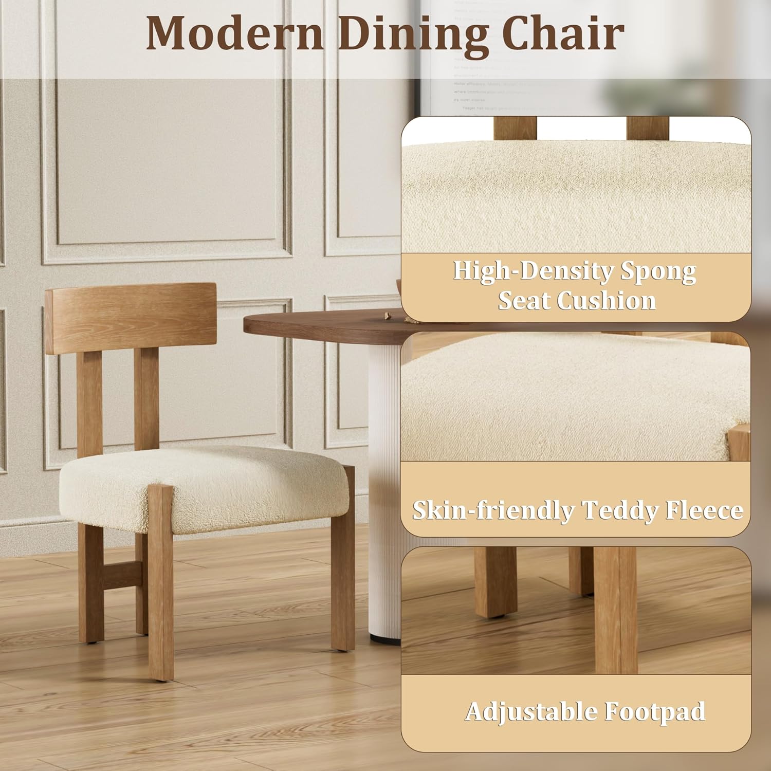 Okeysen Set of 4 Mid-Century Modern Dining Chair, Armless Round Boucle Upholstered Kitchen Chairs with Wooden Legs and Back, Farmhouse Dining Room Accent Chairs, White