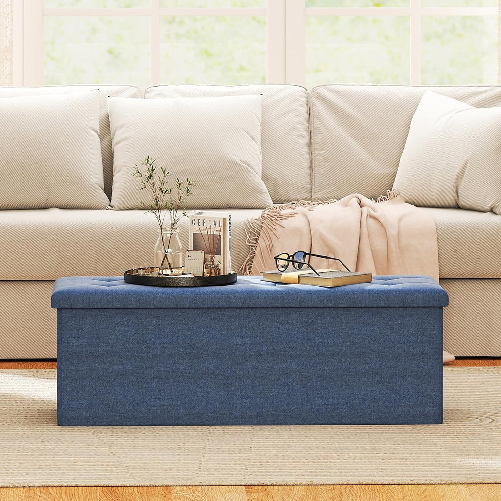 GOFLAME 43 Inches Folding Storage Ottoman Bench, Linen Fabric End of Bed Bench with Padded Seat and Side Pocket, Large Foot Rest Stool, Storage Chest for Entryway, Living Room, Bedroom, Blue