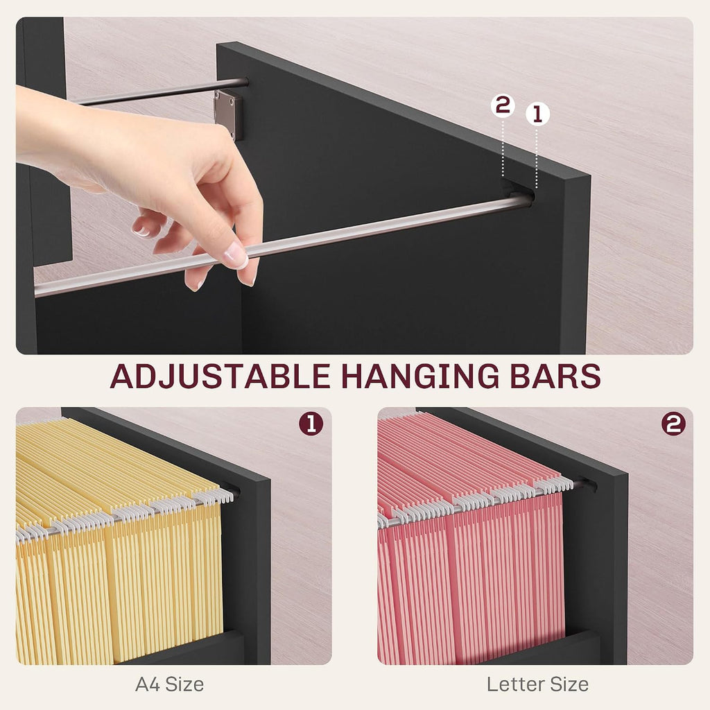 HOMCOM Vertical Filing Cabinet with 2 Drawers Lockable File Cabinet Black | Adjustable Hanging Bars, for A4 and Letter, for Home Office