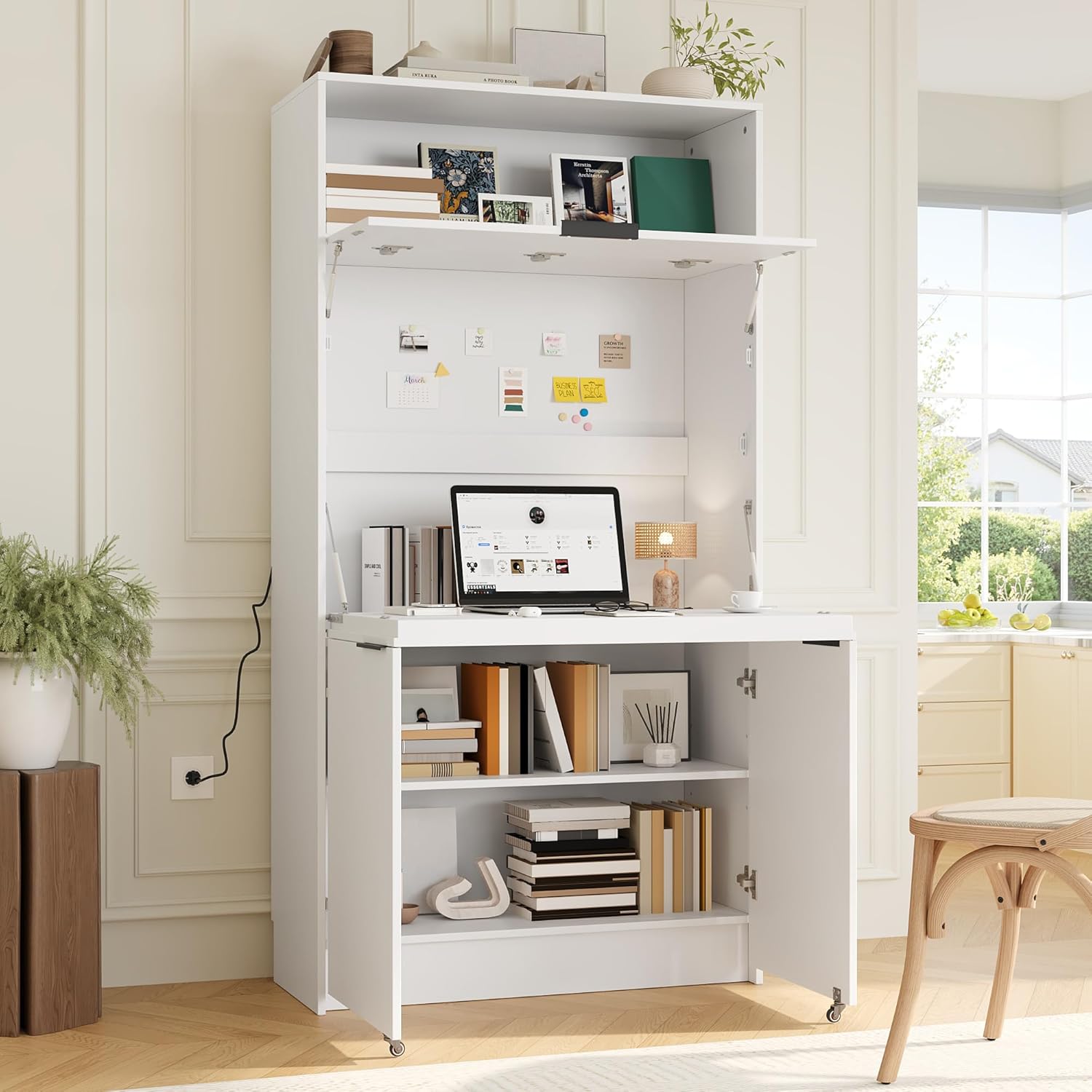 RuiSiSi 69" Kitchen Pantry Buffet with Hutch and and Foldable Workstation, Multifunctional Storage Cabinet with Adjustable Shelf and Charging Station for Dining, Living Room, White