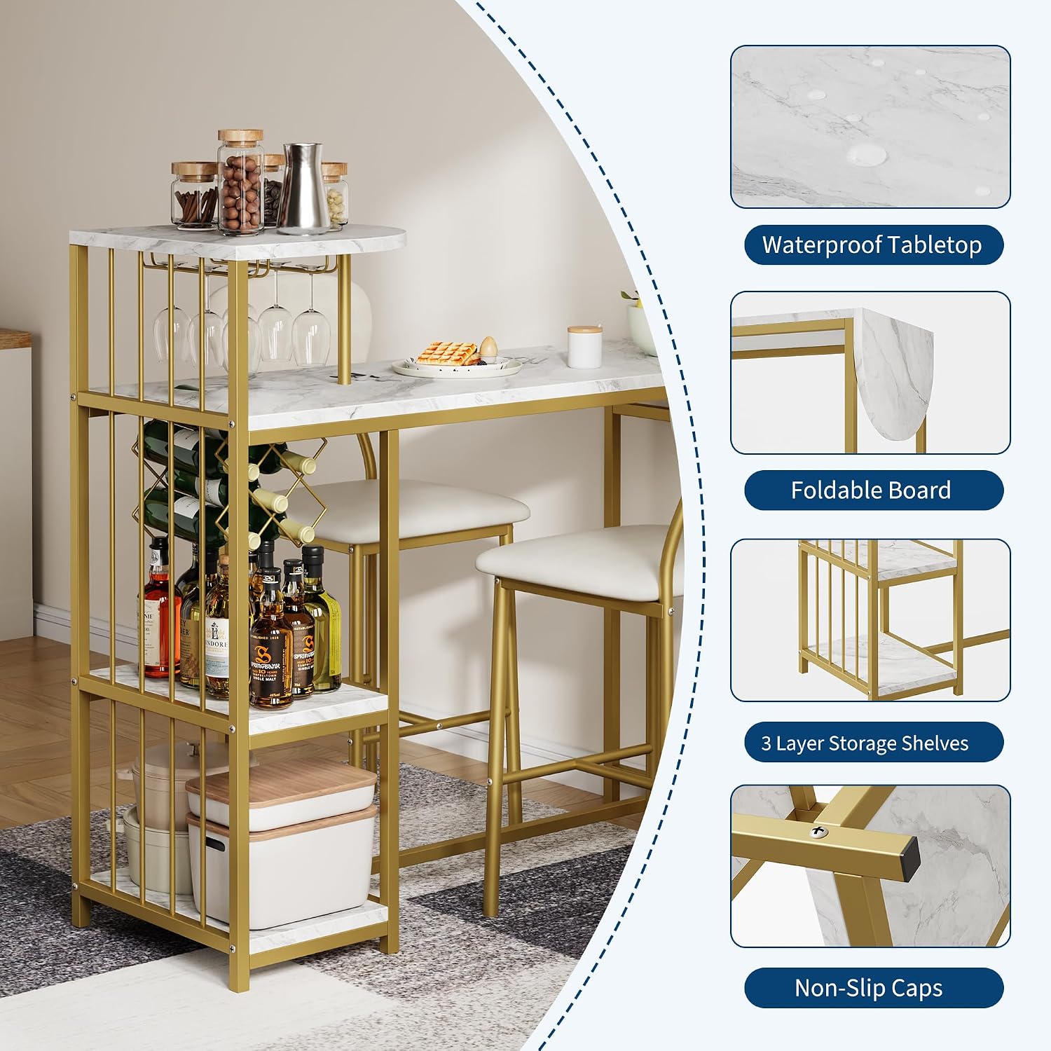 Garvee Dining Table Set for 2, 3-Piece Expandable Bar Table and Chairs Set | Bar Table and Chairs Set with Storage Shelves and Wine Rack, Small Kitchen Dining Set for Living Room, Apartment