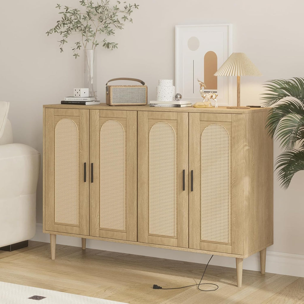 Patikuin Rattan Sideboard Buffet Cabinet, Boho Accent Storage Cabinet, 4 Doors Console Table Coffee Bar with Power Outlet, Adjustable Shelves for Kitchen, Dining Room, Hallway, Living Room (Wood)