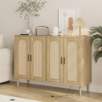 Patikuin Rattan Sideboard Buffet Cabinet, Boho Accent Storage Cabinet, 4 Doors Console Table Coffee Bar with Power Outlet, Adjustable Shelves for Kitchen, Dining Room, Hallway, Living Room (Wood)