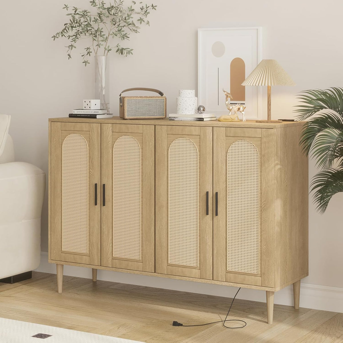 Patikuin Rattan Sideboard Buffet Cabinet, Boho Accent Storage Cabinet, 4 Doors Console Table Coffee Bar with Power Outlet, Adjustable Shelves for Kitchen, Dining Room, Hallway, Living Room (Wood)