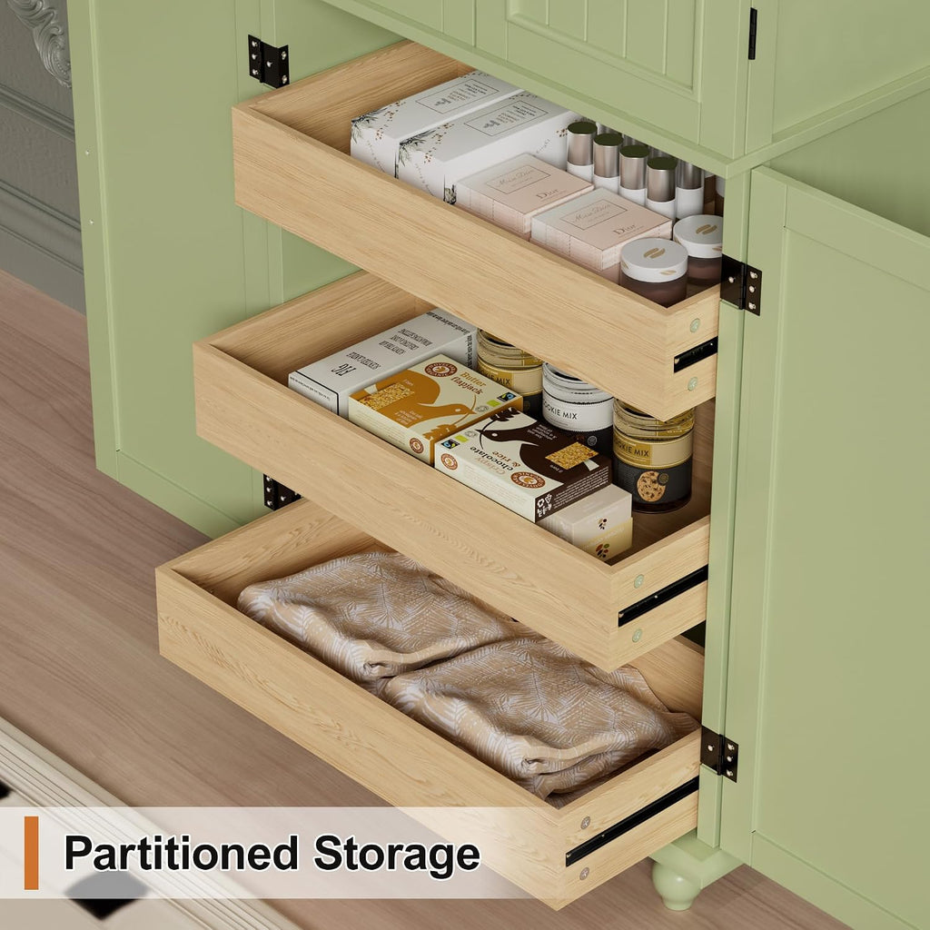 Scurrty Kitchen Pantry Cabinet, 69'' Pantry Storage Cabinet with 4 Doors and Shelves, Farmhouse Kitchen Cabinet with 3 Drawers, Freestanding Wooden Cupboard for Living Room and Dinning Room (Green)