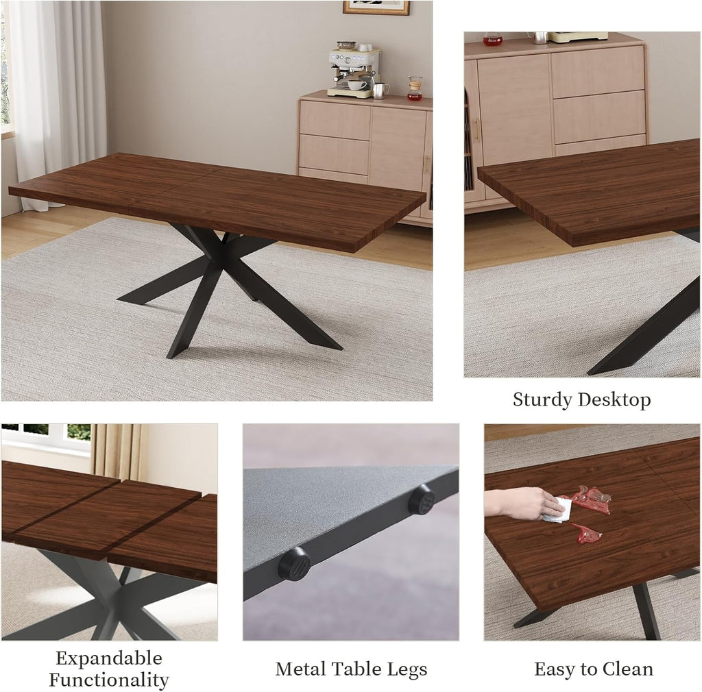 ZckyCine 7-Piece Dining Table Set with 51"-67" Extendable Walnut Wood Table and 6 PU Leather Chairs, Modern Rectangular Kitchen Table Set with Metal Legs, Seats 6, Easy Assembly