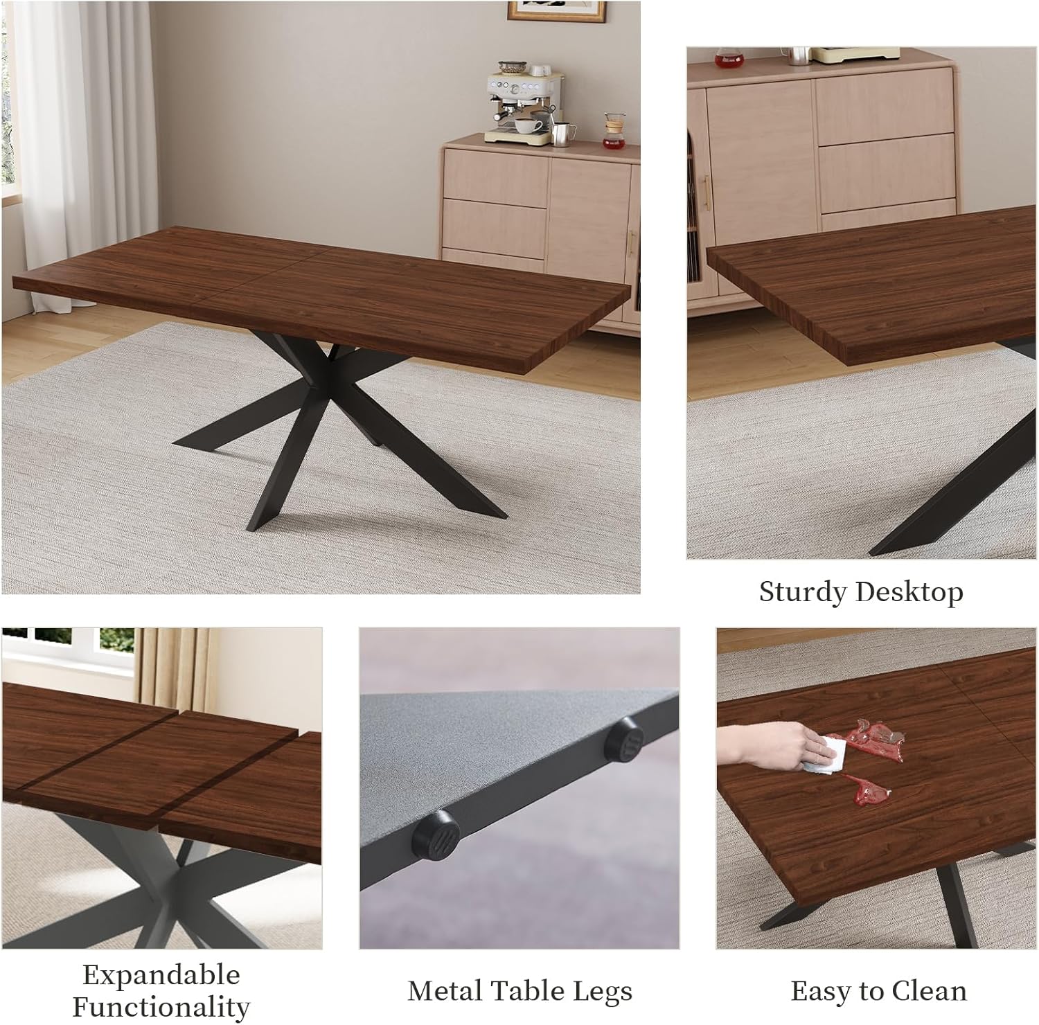 ZckyCine 7-Piece Dining Table Set with 51"-67" Extendable Walnut Wood Table and 6 PU Leather Chairs, Modern Rectangular Kitchen Table Set with Metal Legs, Seats 6, Easy Assembly