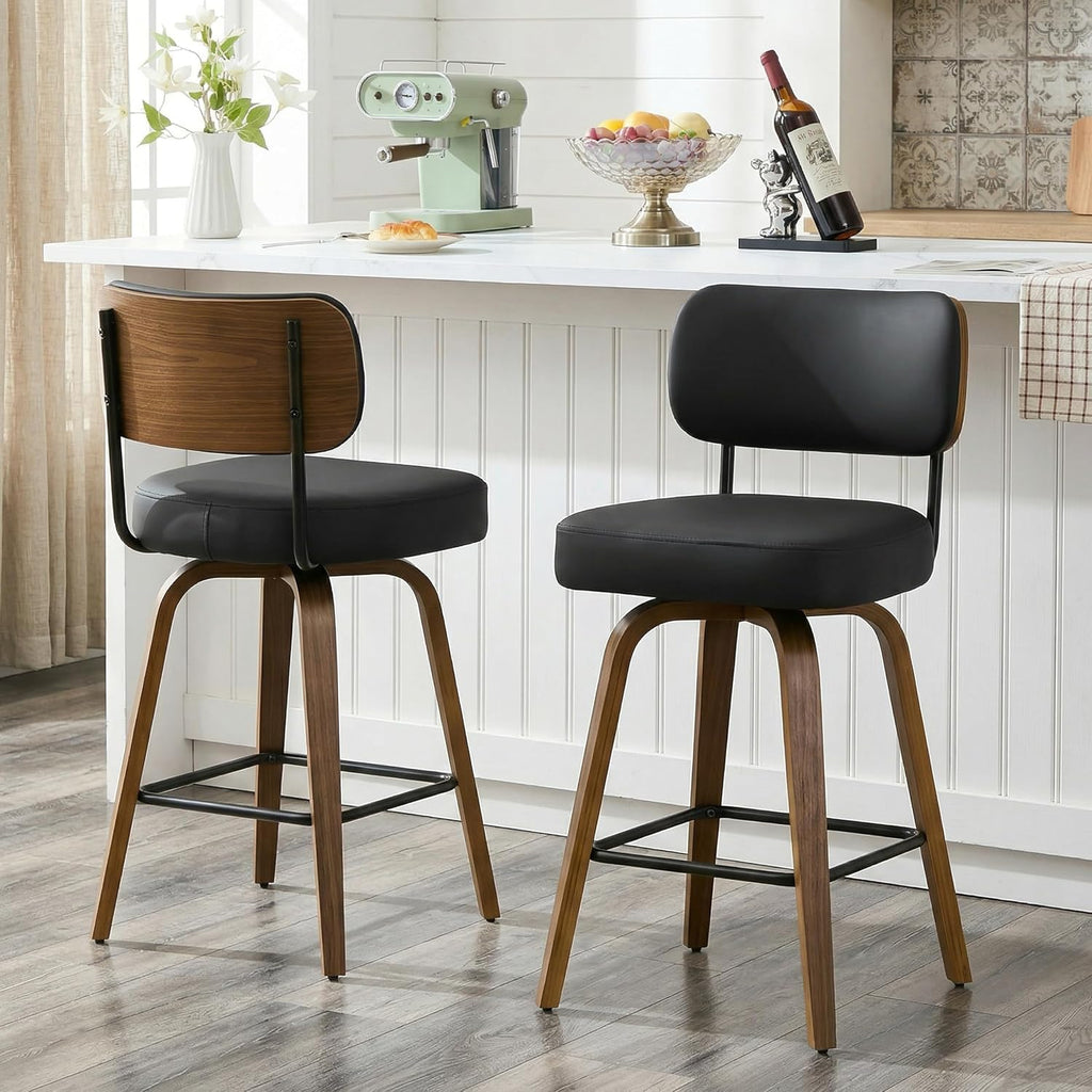 Swivel Bar Stools Set of 3, 26" Counter Height, Black | Walnut Wood Legs, Upholstered Seat, Supportive Backrest, Easy-Clean Faux Leather, Mid-Century Modern, 4-Inch Cushion