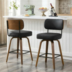 Swivel Bar Stools Set of 3, 26" Counter Height, Black | Walnut Wood Legs, Upholstered Seat, Supportive Backrest, Easy-Clean Faux Leather, Mid-Century Modern, 4-Inch Cushion