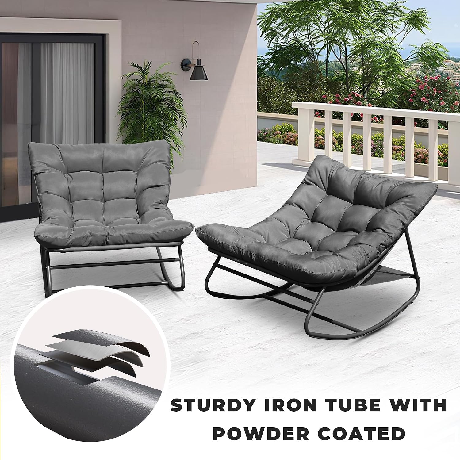 Outdoor & Indoor Oversized Rocking Chairs Set of 2 with Thick Cushions | Metal Frame, Papasan Style, Great for Living Room, Patio, Porch, Garden, Backyard