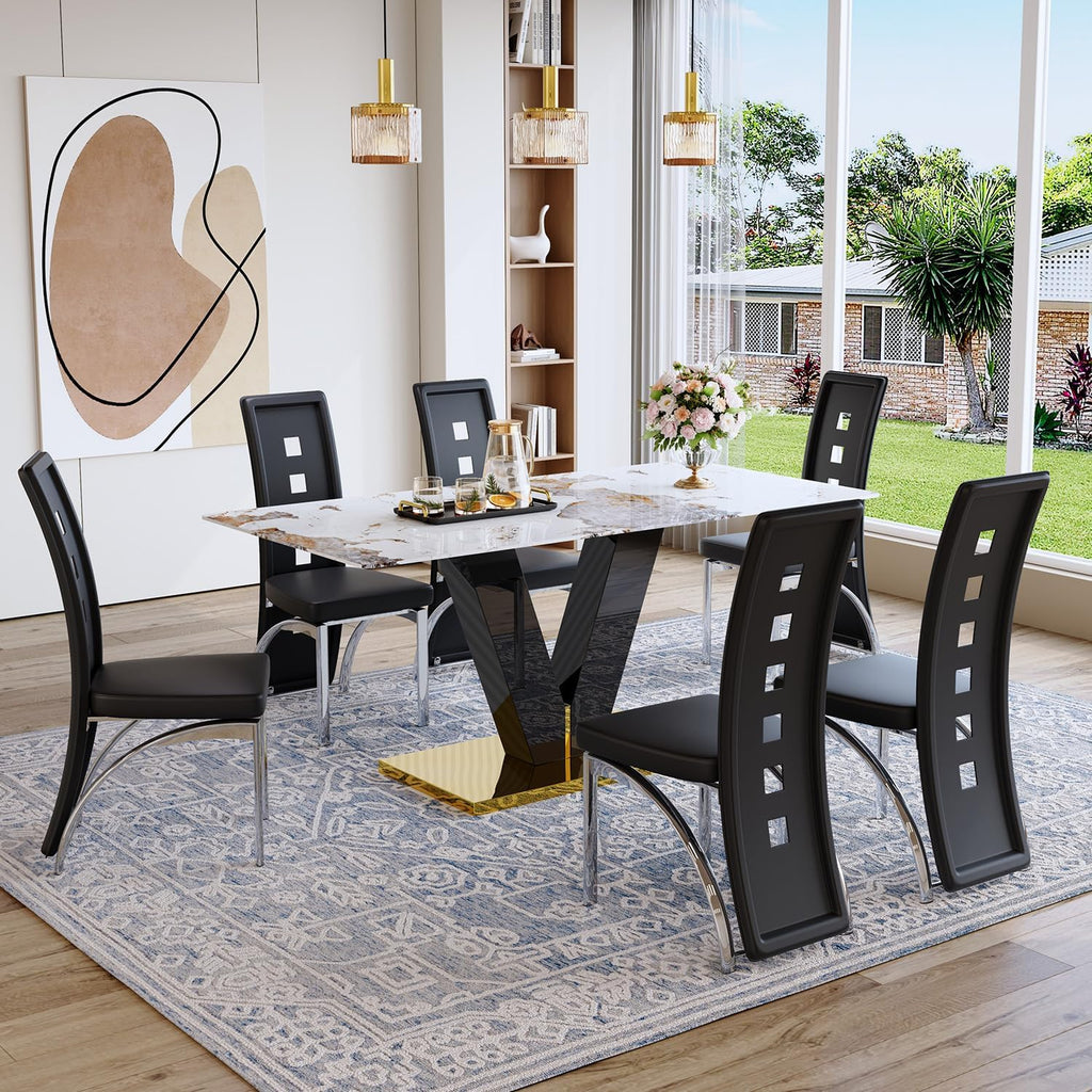 71'' Dining Table Set for 6,Modern Dining Room Table Set for 6,Marble Dining Table with 6 PU Leather Dining Chairs,Gold Dining Room Table with Glossy V-Shaped Base Ideal for Kitchen