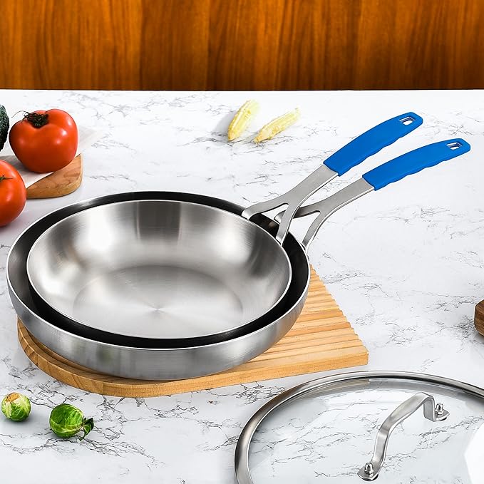Inqibee 8.5-10-12 Inch Tri-Ply Stainless Steel Frying Pan Set with Lids,Skillets,Induction Cooking Pans,Pots and Pans Set,Dishwasher and Oven Safe,Detachable Handle